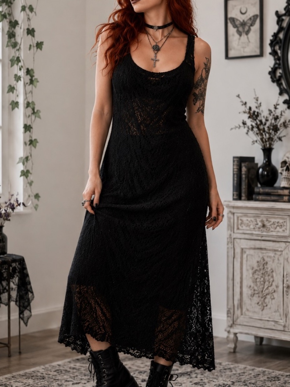 LeChateau Bodycon Dress Womens Size Medium Black Lace Goth Grunge Witchy